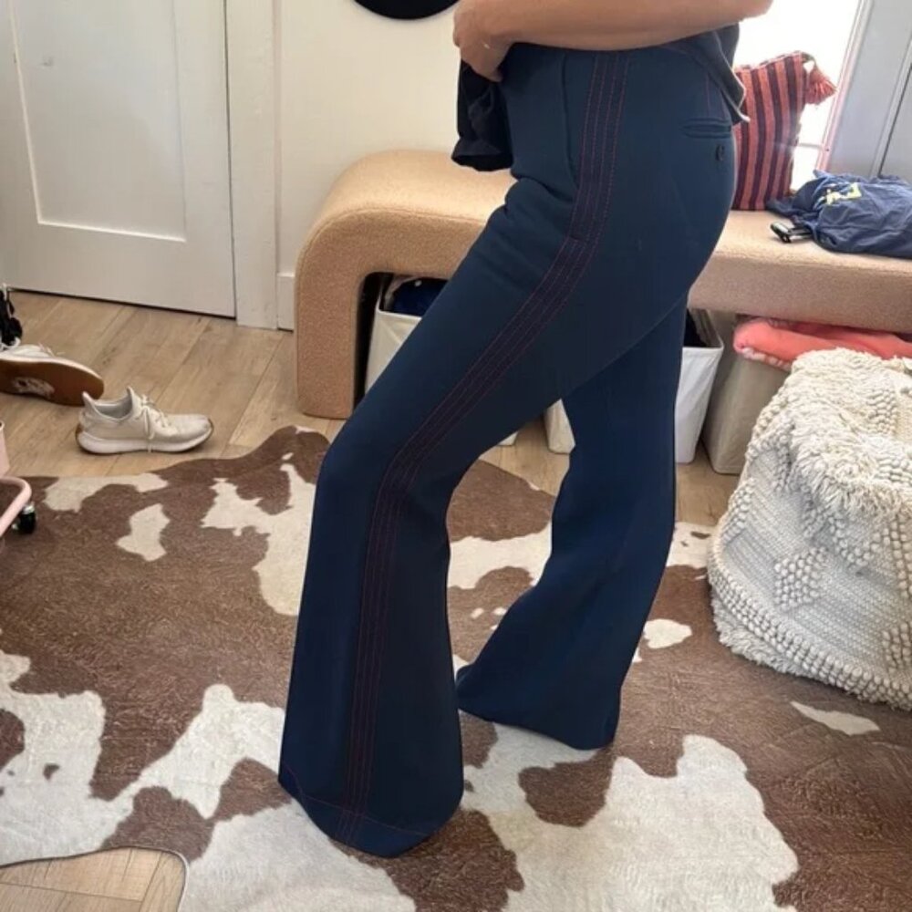 Burberry Navy Red Contrast Stitch Flared Mid Rise Trousers 4 - Picture 3 of 7